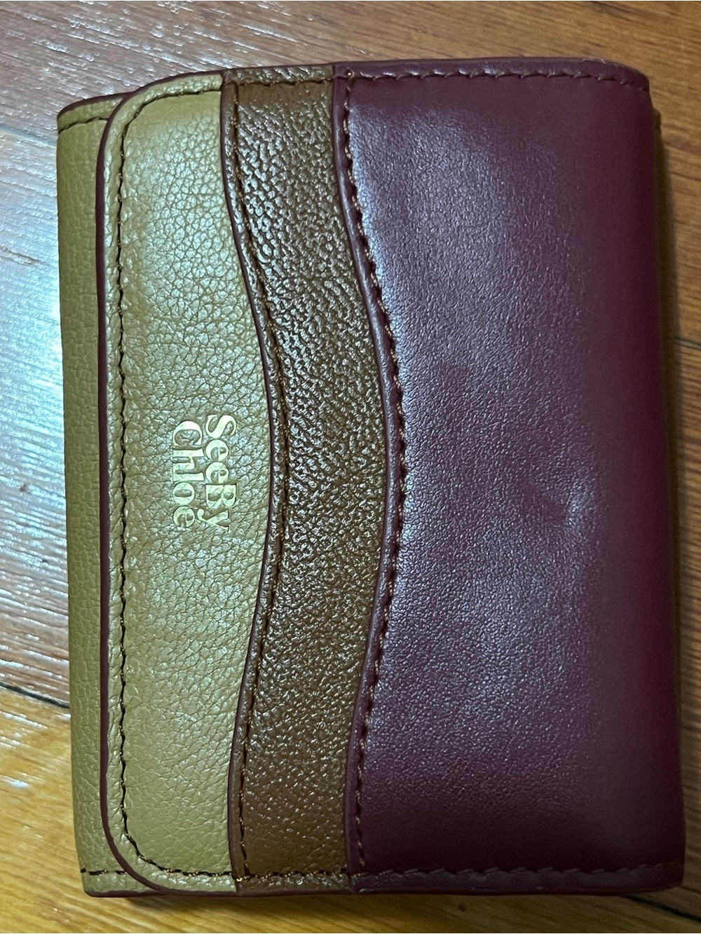 See By Chloe Tri-Color Leather Compact Wallet in Burgundy, Brown, Tan